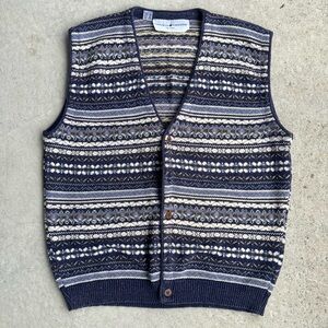 Vintage Navy Wool-Blend Cardigan Vest